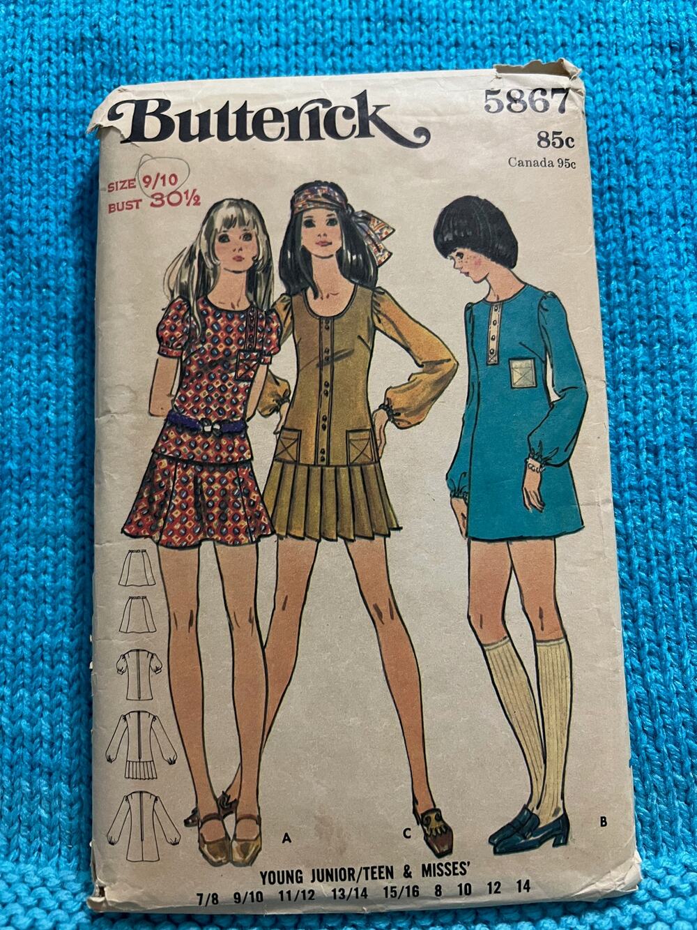 Butterick 5867 pattern mini dress top mini skirt puff sleeves 1960s Size 9 10